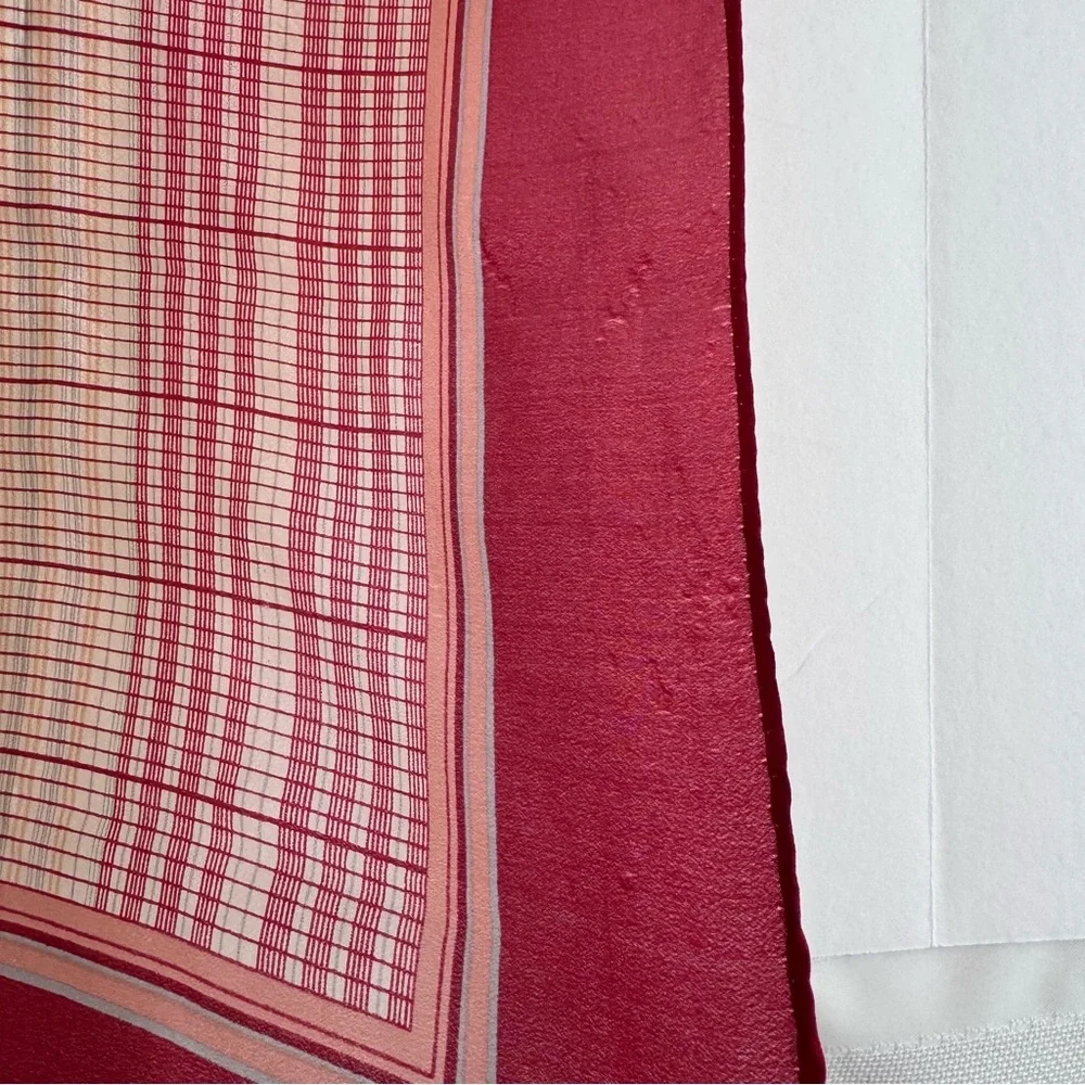 Vintage Cacharel Plaid Tartan Silk Feel Square Scarf 26x26 Red Cream French Chic
